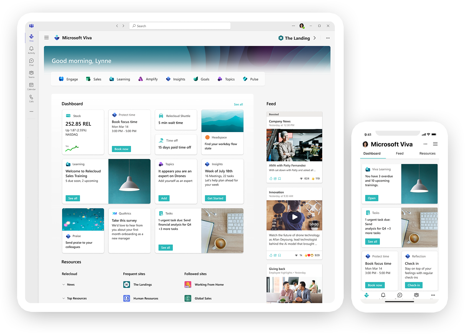 Viva-การเชื่อมต่อ-ภาพหน้าจอ Screenshots of Microsoft Viva Connections in desktop and mobile