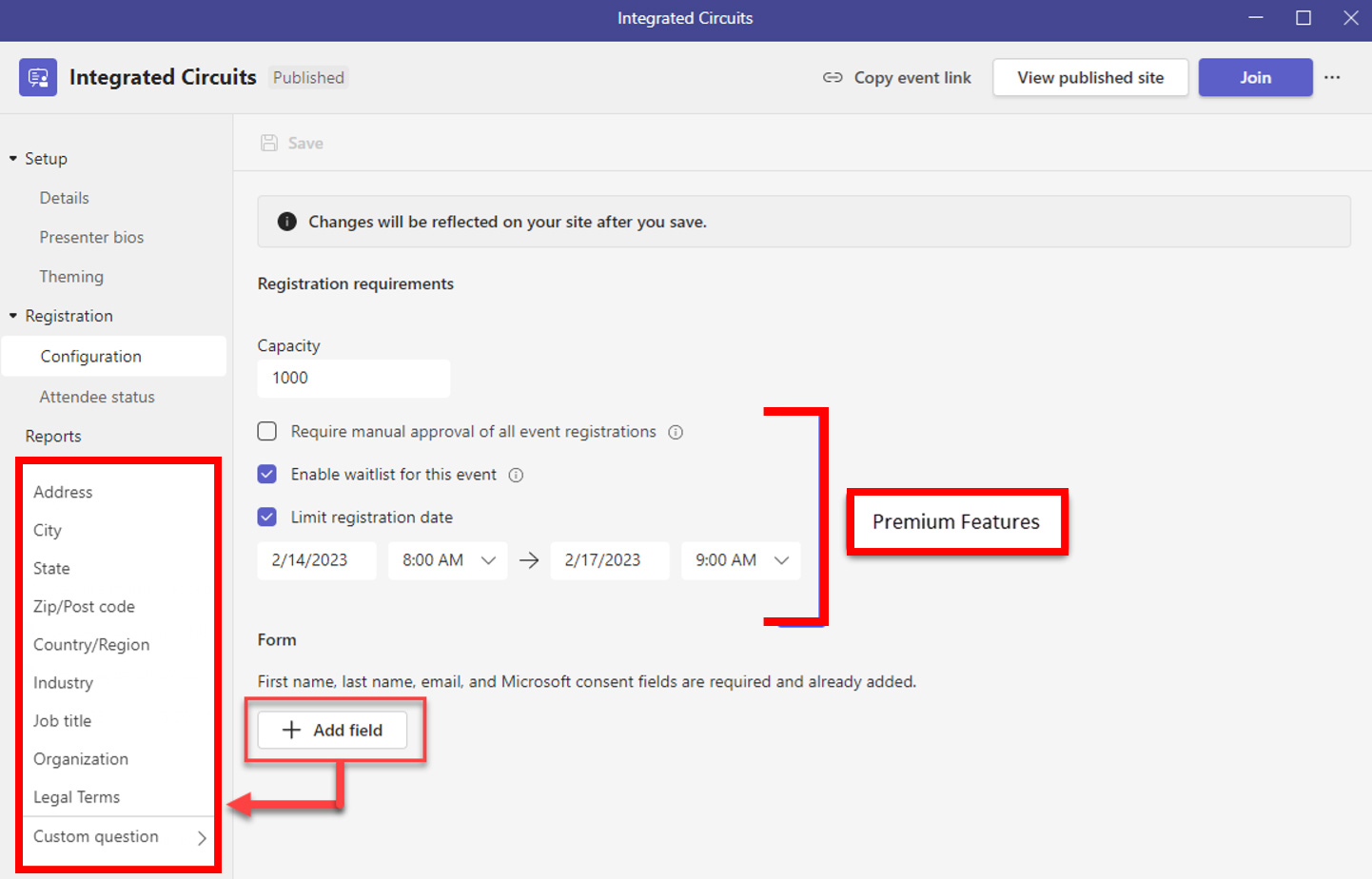 Webinar event registration configuration screenshot 1