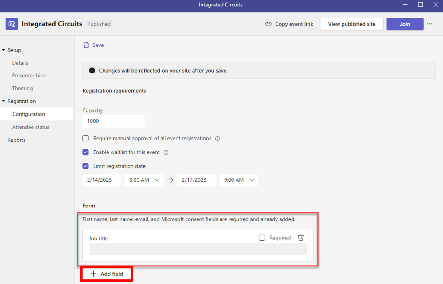 Webinar event registration configuration screenshot 2