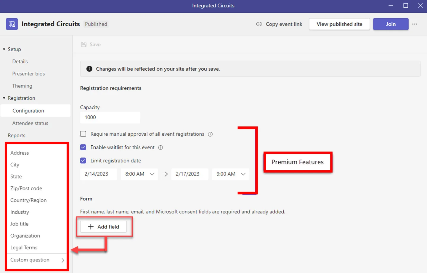 Webinar event registration configuration screenshot 1