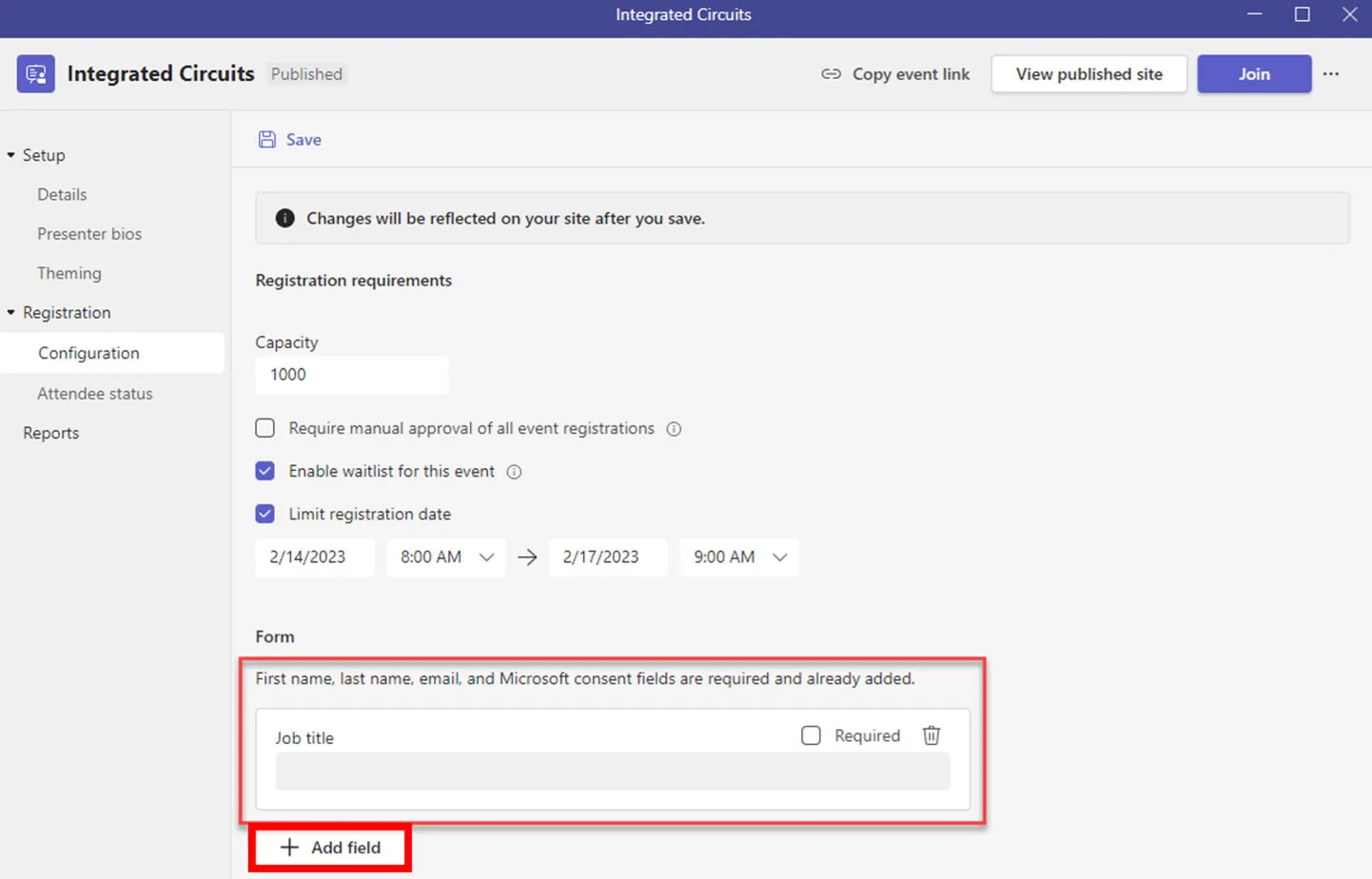 Webinar event registration configuration screenshot 2